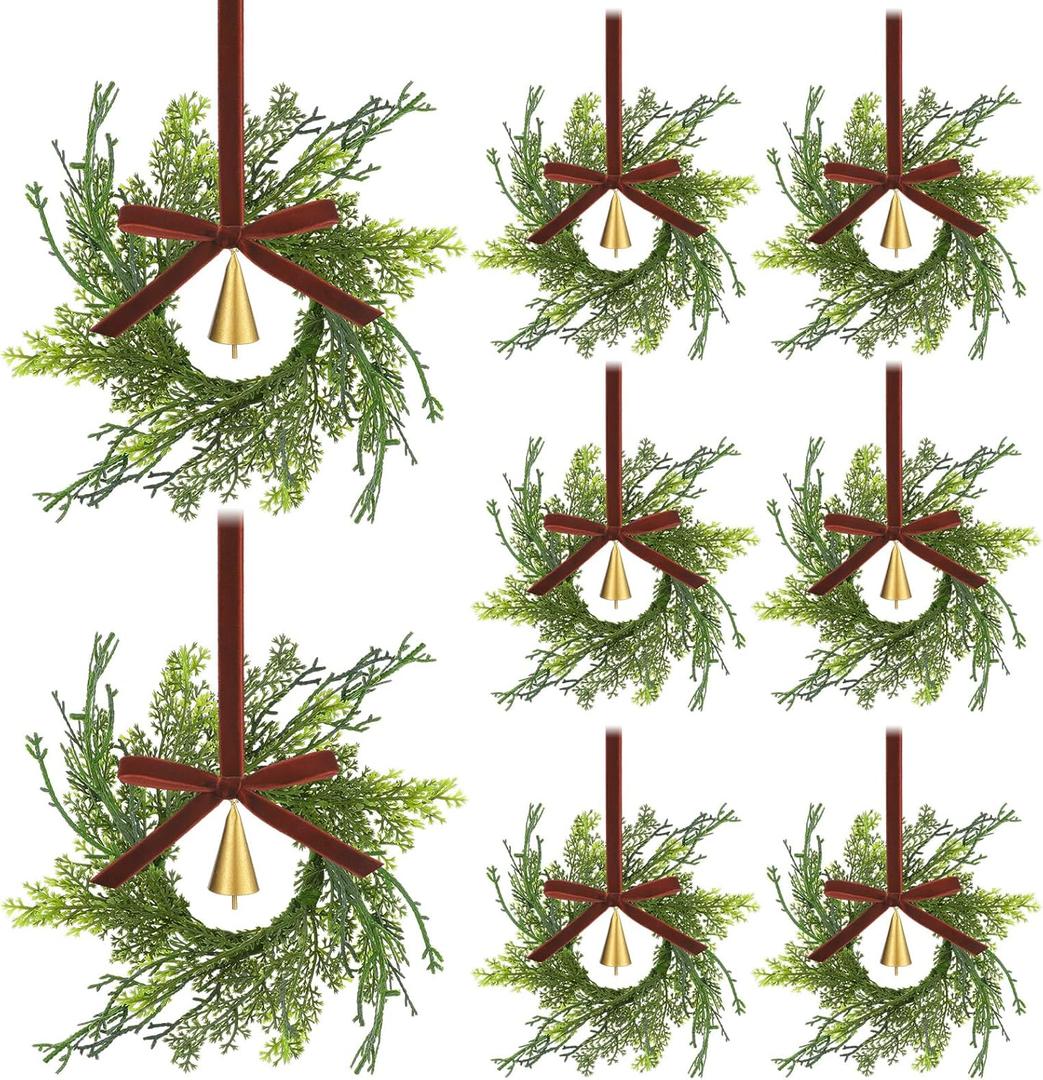 12 Sets Mini Christmas Wreath for Cabinets 7.87 Inch Artificial Cypress Cedar Wreath with Vintage Cow Bells Ribbon for Xmas DIY Craft Kitchen Chair Window Fireplace Wall Decor(Brown)