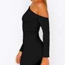 ForeFair Women's Off The Shoulder Long Sleeve Mini Dresses Double Lined Ruched Bodycon Club Party Going Out Outfits (Black, S)