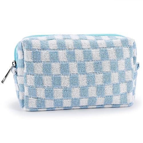 ZLFSRQ Checkered Makeup Bag for Women Small Travel Cosmetic Bags Makeup Pouch for Purse Zippered Portable Toiletry Bag Organizer Cute Y2K Aesthetic Trendy Adults Travel Essentials Storage Case (Blue)