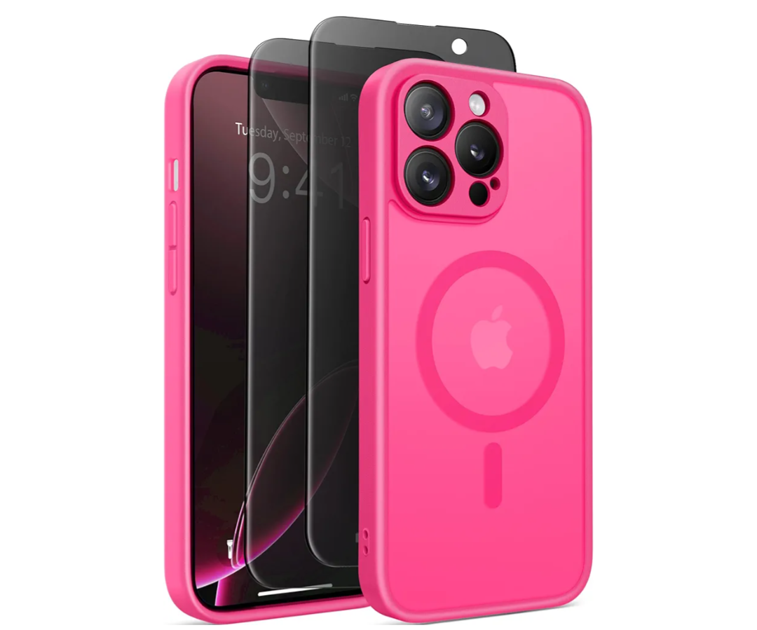 Magnetic for iPhone 13 Pro Max Case, Compatible with MagSafe,[Full Camera Protection][Privacy Screen Protector]Non-slip Matte Translucent Shockproof Phone Cover for iPhone 13 ProMax (Hot Pink)