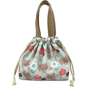Mini Lunch Tote Pouch Reusable Small Cute Lunch Bag with Drawstring Suitable for Girls Women, Cat Green
