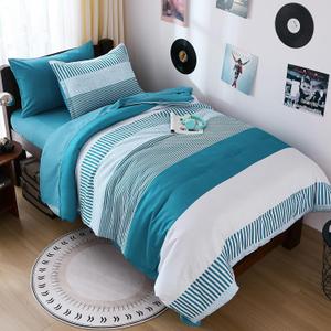 Kids Comforter Sets for Boys&Girls,Teal Striped Comforter Set Twin Size,Classic Bedding Sets for Teen,Simple Neutral-Style Comfortable Bedding Set