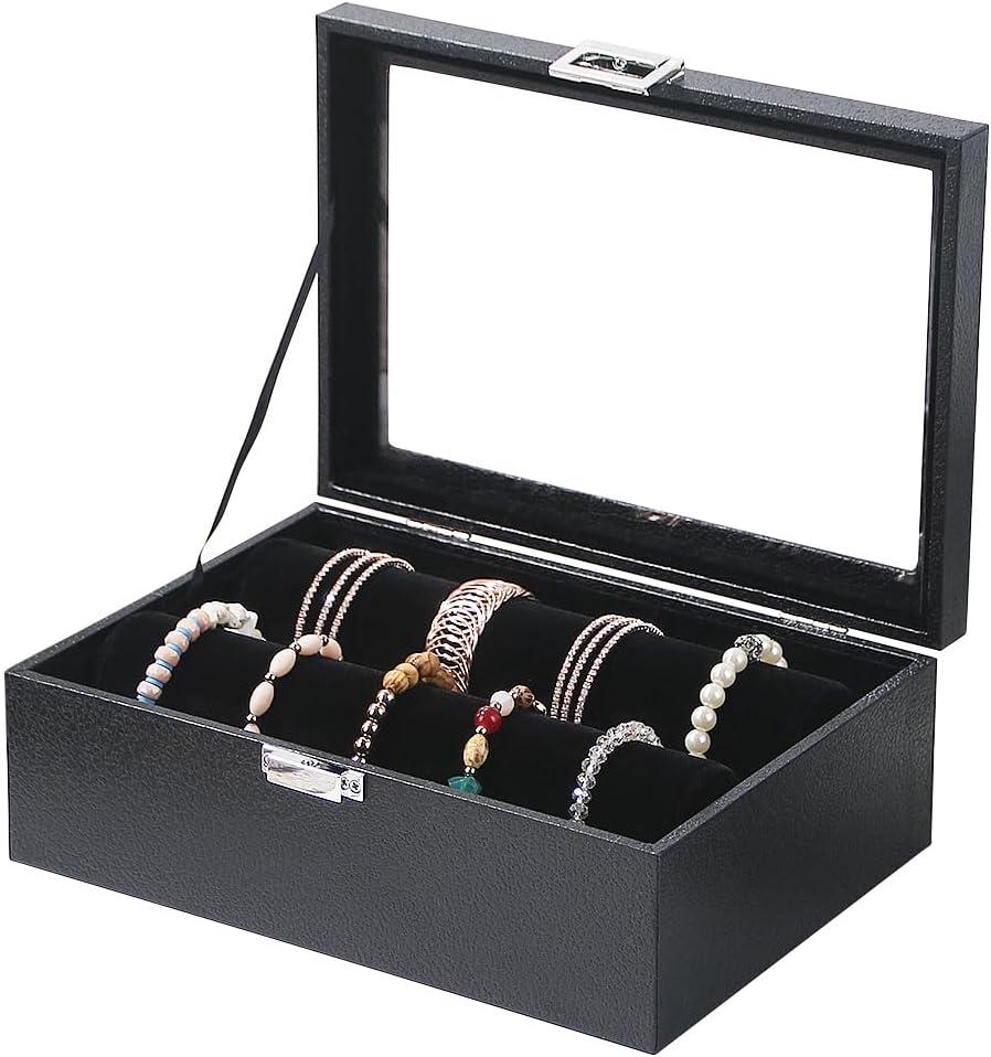 Bracelet Holder Organizer Box, Jewelry Storage Case with 2 Rods, Bangle Watch Display Tray for Women Girls (Black)