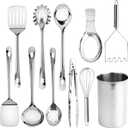 COOK WITH COLOR Kitchen Utensil Set - premium Nonstick & Heat Resistant Kitchen Gadgets, Turner, Spaghetti Server, Serving Spoons, Whisk, Tongs, Masher & Utensil Holder, 10-piece Stainless Steel