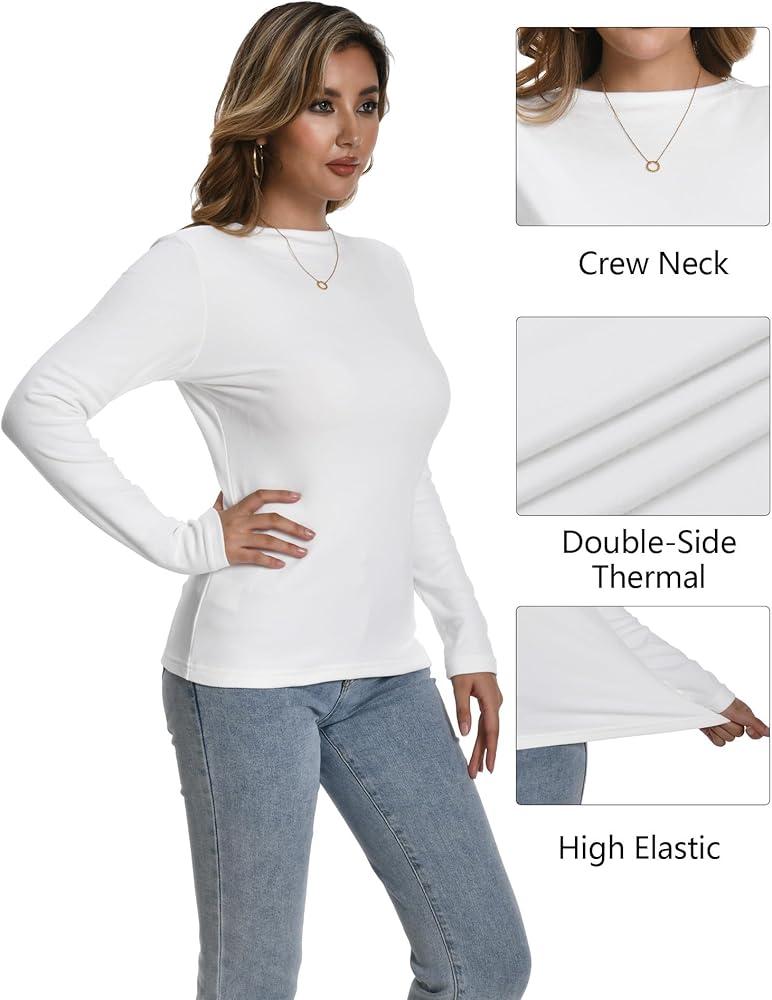 Dalavch Women’s Thermal Shirts, Women Fleece Lined Compression Long Sleeve Base Layer Tops for Winter Cold Weather, White, S
