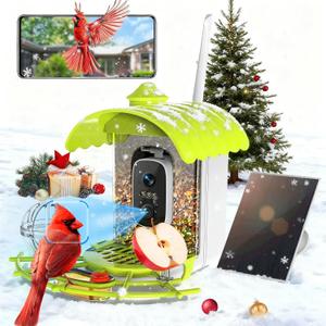 Smart Bird Feeder with Camera, AI Identify Birds Species Solar Powered, 2K HD Video Bird House with Camera, Instant Arrival Alerts, Waterproof Squirrel Proof, Gift for BirdLovers, 2.4GHz WiFi, Green
