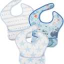 3 Pack Waterproof Baby Bib for Eating, Mess Proof Feeding Bibs with Large Food Catcher, Travel Feeding Bibs (Light Blue Ocean)