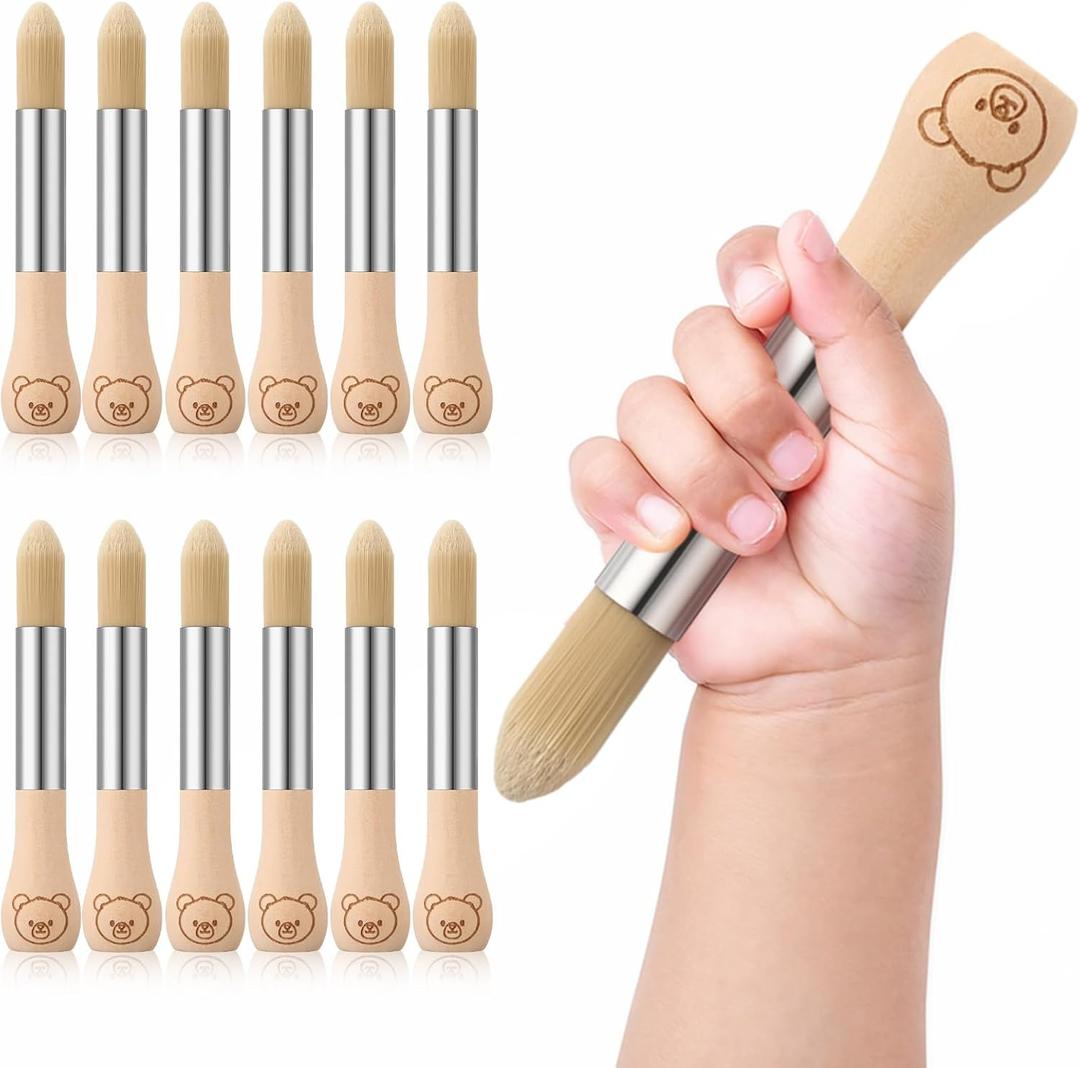 12 Pcs Watercolor Paint Brushes for Toddler Kid Baby Jumbo Brushes with Chubby Wood Handles Easy to Grip Round Paintbrushes Non Toxic Vegan Bristles for Preschool Painting Art Craft (Bear)