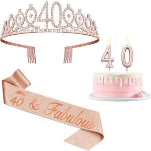 40th Birthday Decoration for Women with Rose Gold Sash, Tiara,Numbers Candles, Sincere 40th Birthday Gifts for Women