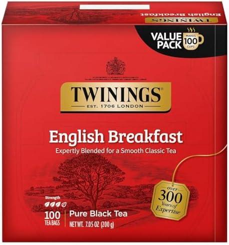 Twinings English Breakfast Black Tea Individually Wrapped Bags, 100 Count (Pack of 1), Smooth, Flavourful, and Robust, Caffeinated, Enjoy Hot or Iced, 100 Teabags