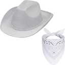 Cowgirl Hat with Bandana Set Glitter Cowboy Hat for Christmas Halloween (Silver)