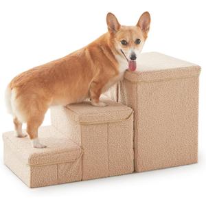 Dog Stairs with Storage, 3-Step Sturdy Dog Steps for Small Medium or Large Older Dogs Cats, Folding Pet Stairs Climbing Sofas, high beds, Windows and Cars (Beige, No Condo,16.7" H)