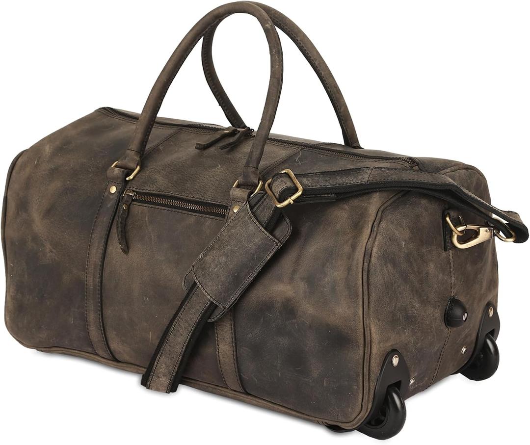 Leather Rolling Travel Duffle Bag for Men Women 21 inch with wheels Sports Overnight Weekend Duffel Gym Cabin Holdall with wheels for easy carry