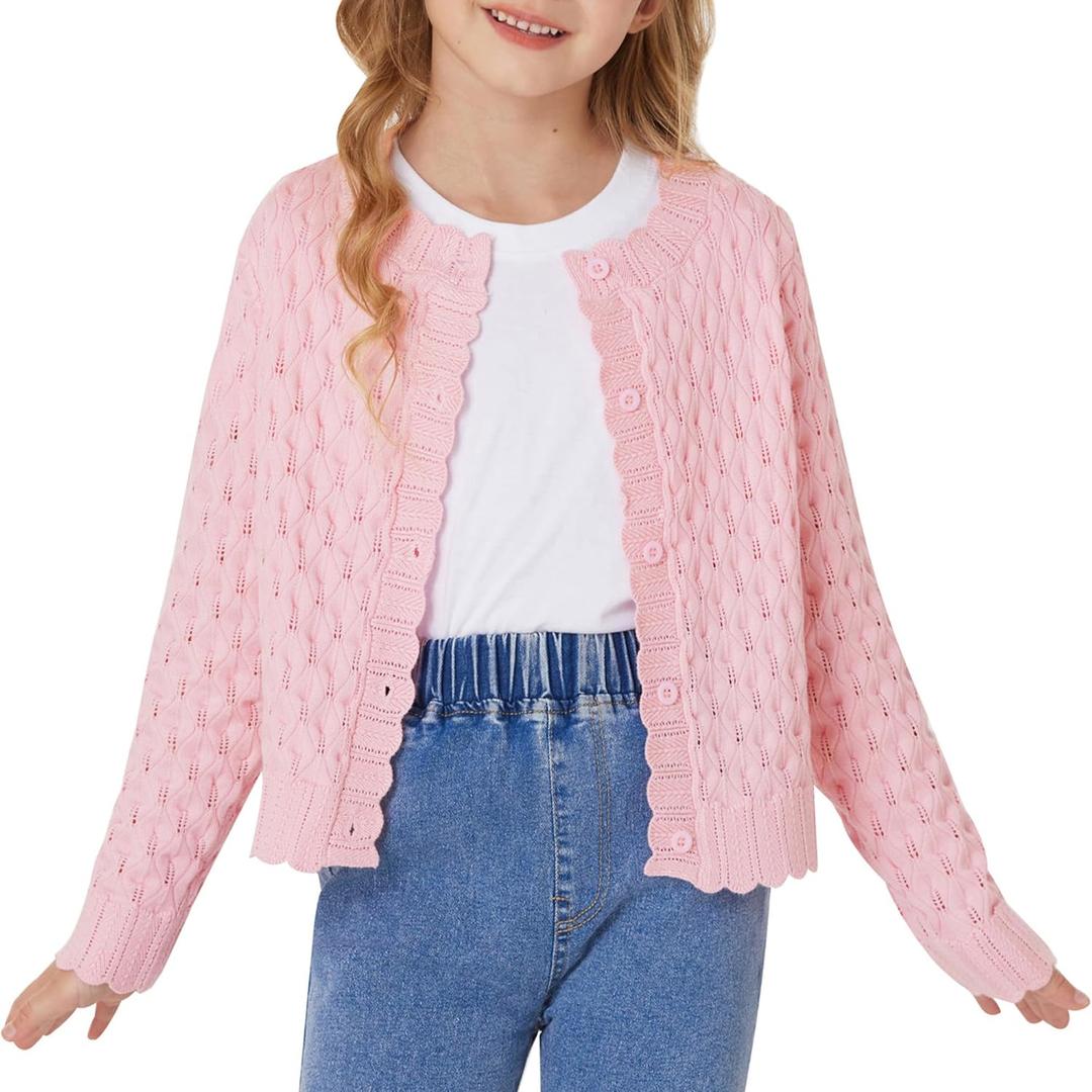 GRACE KARIN Girls Long Sleeve Sweater Cardigan Kids Cropped Cable Knit Button Front Sweaters (5-6 Years, Light Pink)