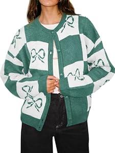 Saodimallsu Womens Checkered Sweater Bow Color Block Plaid Cardigan Long Sleeve Button Open Front Knit Coat (Medium, Black)