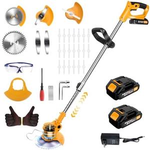 20000 RPM Electric Weed Wacker Cordless Eater, 21V Height Adjustable 6" Heavy-Duty Garden Edger Brush Cutter Cordless, Grass Trimmer Lawn Mower Trimmer with Blades, 2 Batteries, Charger (Yellow)