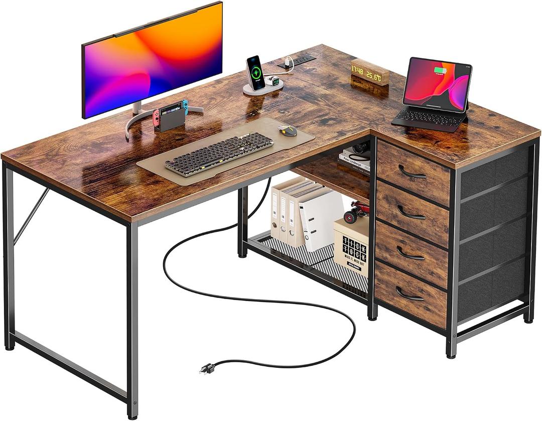 PRAISUN 43.3" Small Computer Desk with Power Outlets and USB-C Port, Reversible L Shaped Corner Office Desk with 4 Fabric Drawers and 2 Height-Adjustable Shelves, for Gaming Writing, Rustic Brown