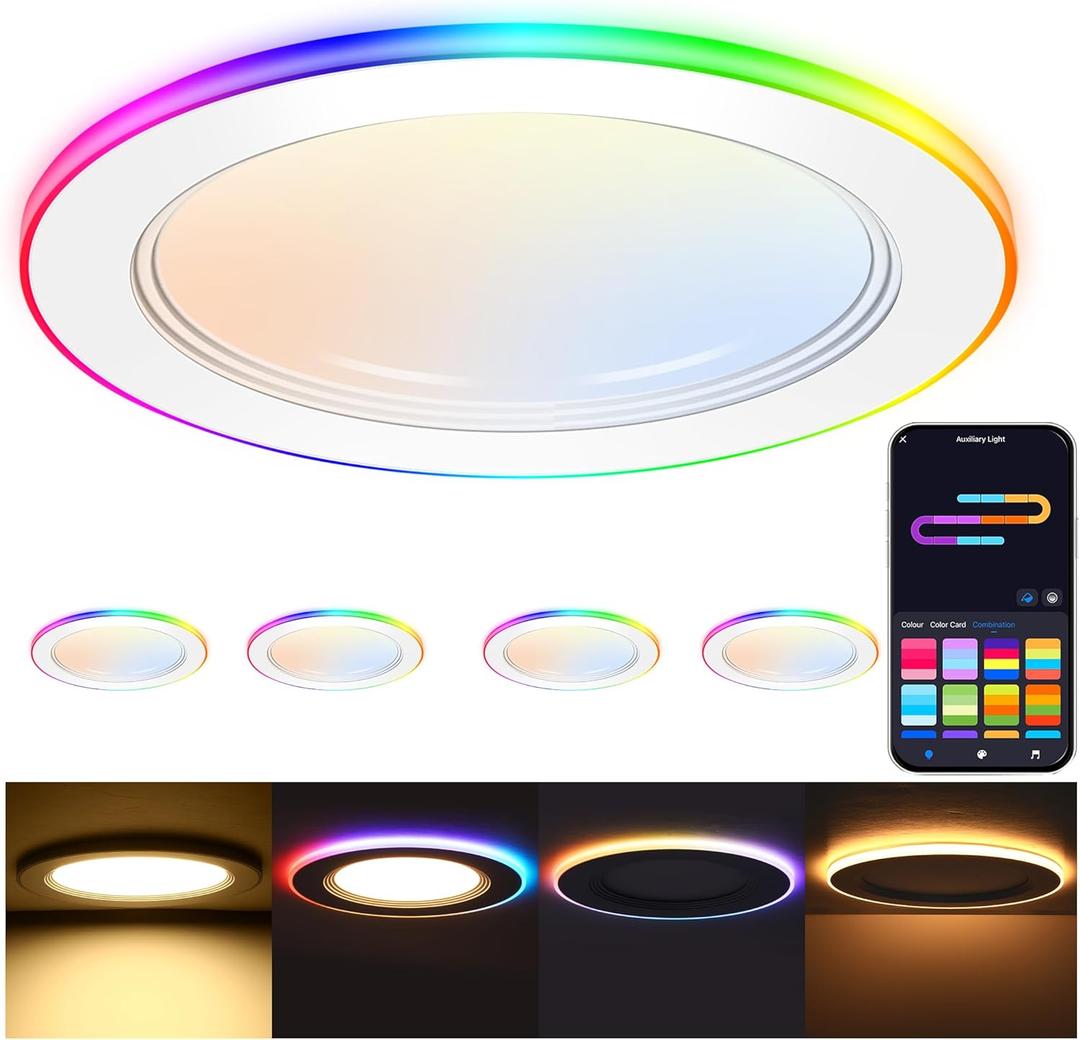CLOUDY BAY [4 Pack] 6 Inch RGB Smart Recessed Lighting with Gradient Accent Light and Night Light,2700K~6500K,15W Recessed Lights Ultra-Thin Downlight Compatible with Alexa and Google Home Assistant