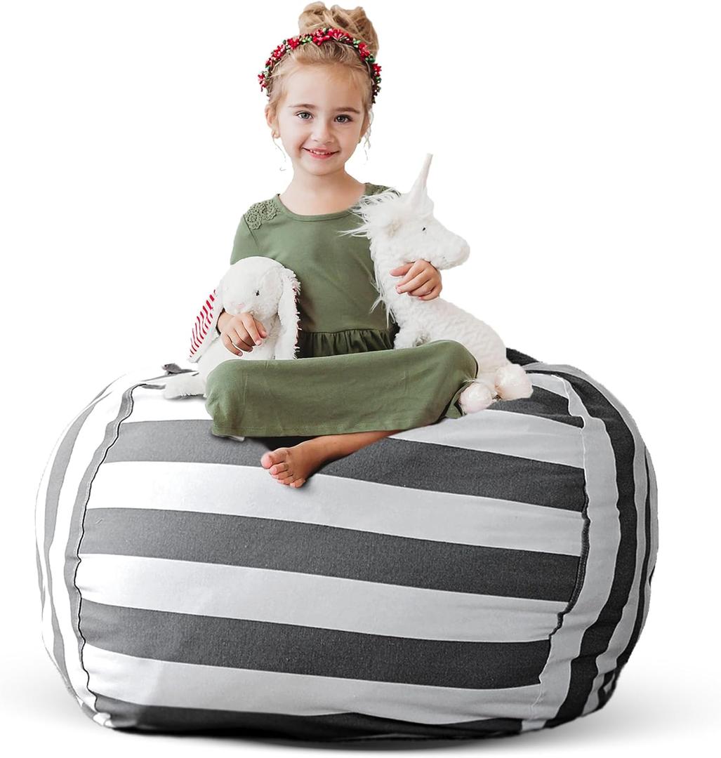 Creative QT Stuff n Sit Extra Large 38 Bean Bag Storage Cover for Stuffed Animals & Toys, Giant Beanbag Chair for Kids Ages 3-14, Bedroom Organizer, Grey/White Striped