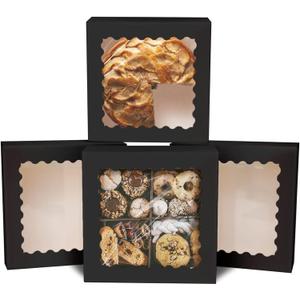 qiqee Auto-pop up Black Pie Boxes with Window 10x10x2.5 inch 30Packs Cookie Donut Bakery Box