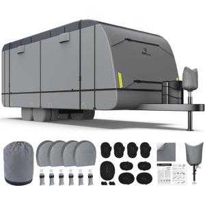 RVMasking Waterproof RV Cover, True 600D Top Travel Trailer Cover for 15'1"-18', Rip-Stop Windproof with 4 Tire Cover & Tongue Jack Cover, Neutral Gray