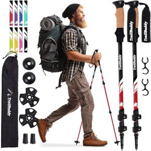 TrailBuddy Trekking Poles - Lightweight, Collapsible Hiking Poles for Snowshoe & Backpacking Gear - Pair of 2 Walking Sticks for Hiking, 7075 Aluminum with Cork Grip (Red Beetle)