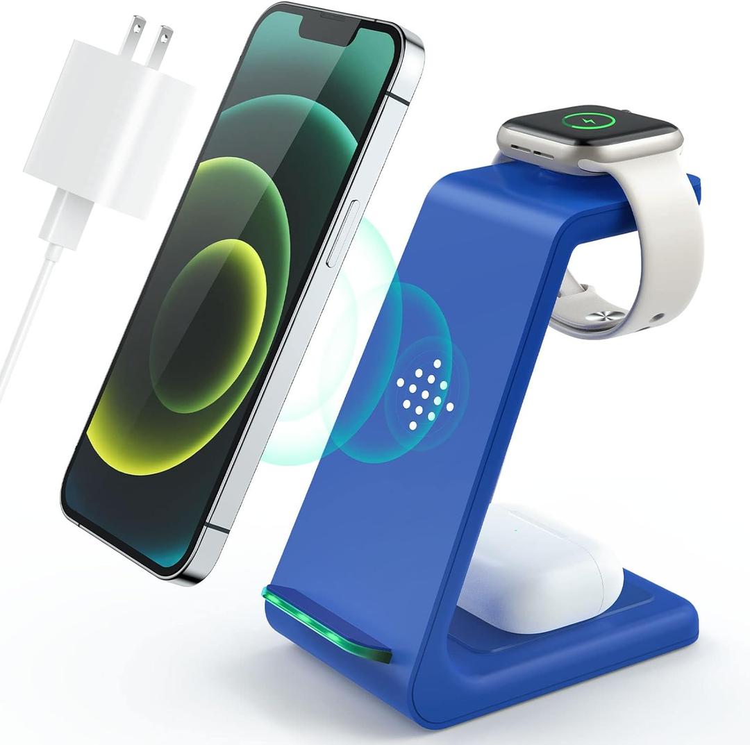 3 in 1 Wireless Charging Station, 2025 Upgraded Fast Desk Charger Station for iPhone 17 16 15 14 13 12 Pro Max Plus, Charger Stand for Apple Watch 10 9 8 7 6 5 4 3 2 SE, Airpods 4 3 2 Pro(Blue)