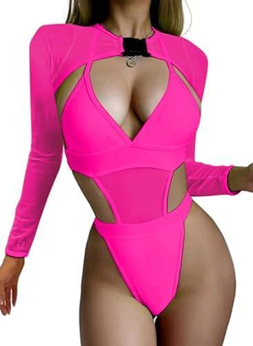 Rave Outfits for Women - EDC Festival Neon Bodysuit Concert Swimsuit Mesh Buckle Crop Top Club Party 2 Pcs Set, Size Small