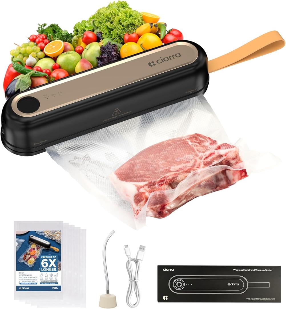 CIARRA Handheld Vacuum Sealer  Portable Food Preservation Machine with 3 Modes, Compact Automatic Sealing System for Dry & Wet Foods (Vacuum Sealer + 5 Pcs Vacuum Seal Bags)