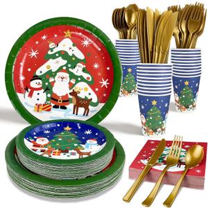 Christmas Paper Plates Disposable w/Napkins Cups & Cutlery, 50 Serves Santa Dinner Plates Sets, Heavy Duty Christmas Plates Disposable Supplies for Family, Winter Holiday Party Decrorations 175 pcs
