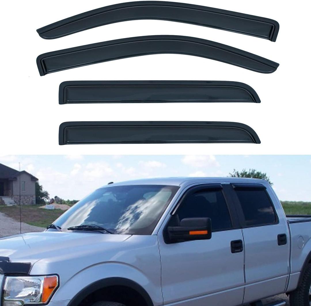 Set of 4 Window Visors Compatible with 2009-2014 F-150 SuperCrew/Crew Cab Front+Rear Smoke Sun/Rain Guard Outside Mount Tape-On Acrylic with 4 Full Size Doors