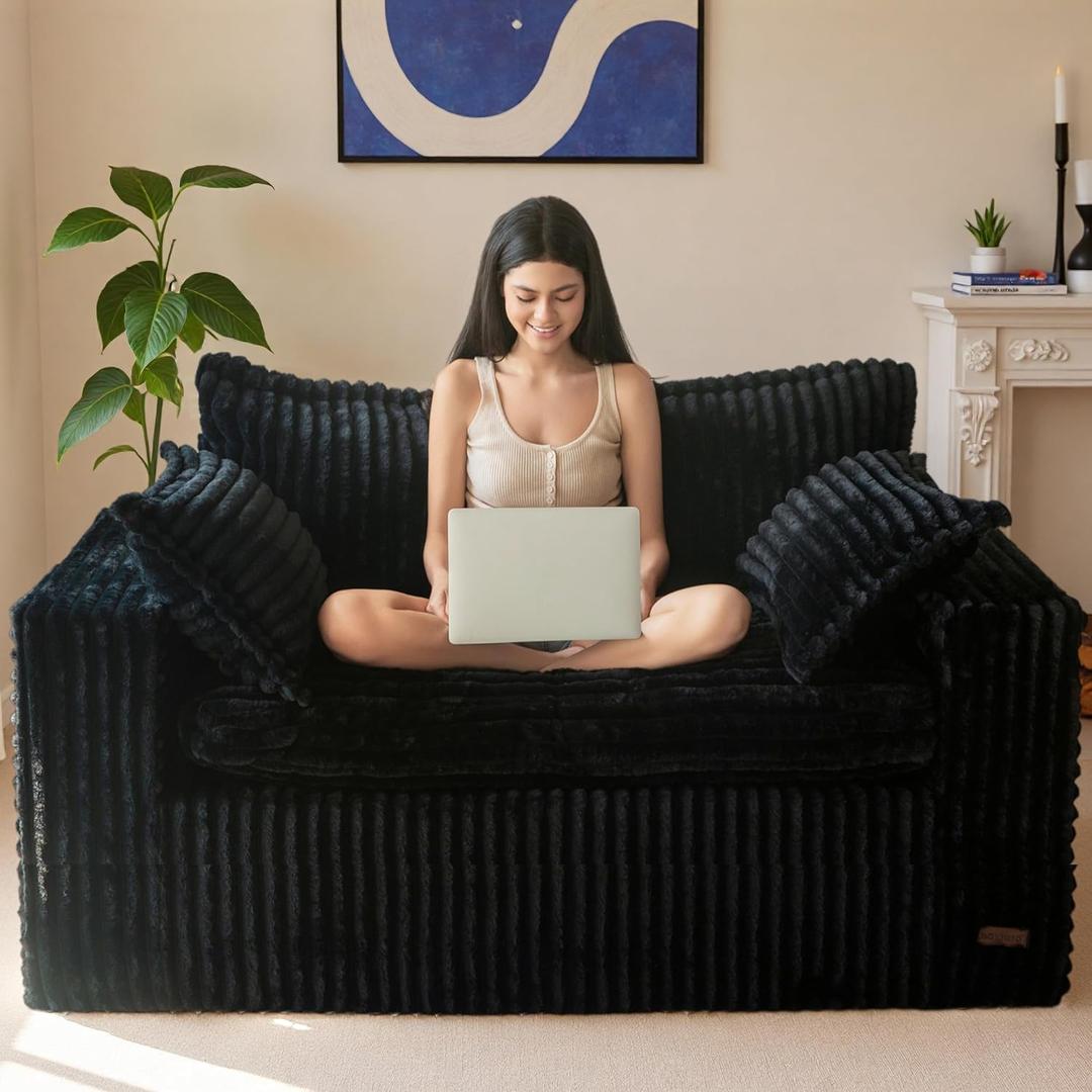 MAXYOYO 59" Bean Bag Sofa Couch, Loveseat Boneless Couch in a Box, Upholstered Small Mini Sofa with Deep Seating for Living Room Bedroom Office Apartment, No Assembly, Black