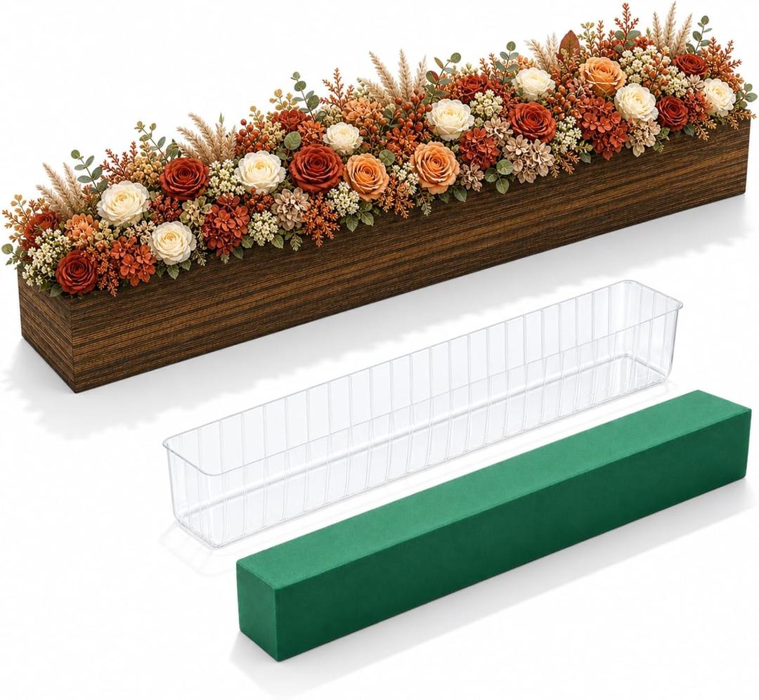 Dandat 1 Set Wood Boxes for Centerpieces 28x5 Inch Rectangle Wooden Planter Box Rustic Wood Planter with Removable Plastic Liner Floral Foam Blocks for Christmas Wedding Home Garden Decor(Dark Brown)
