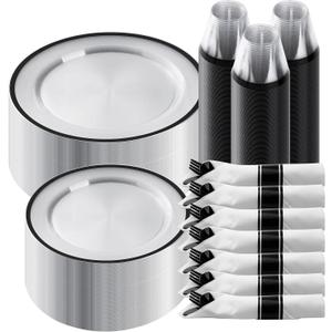 Goodluck 350 Piece Black Plastic Dinnerware Set for Party, Clear Disposable Plates for 50 Guests, Include: 50 Dinner Plastic Plates, 50 Dessert Plates, 50 Pre Rolled Napkins with Cutlery Set, 50 Cups