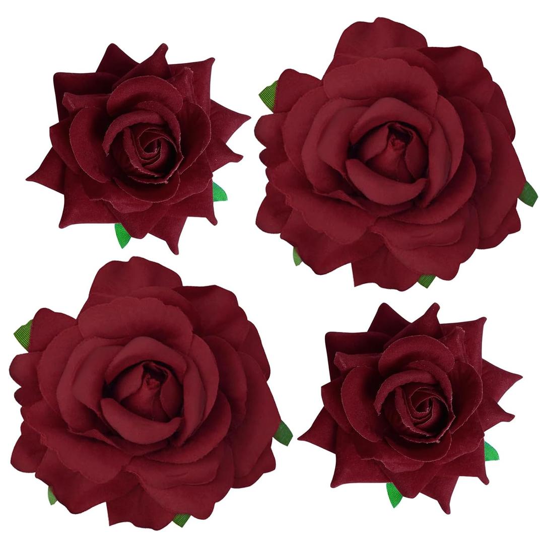 Topbuti Rose Hair Clip Flower Hairpin Rose Brooch Floral Clips, 4 Pcs Fabric Flowers Hair Clips Mexican Hair Flowers Pin up Headpieces for Woman Girl Wedding Party Mother's Day (Dark Red)