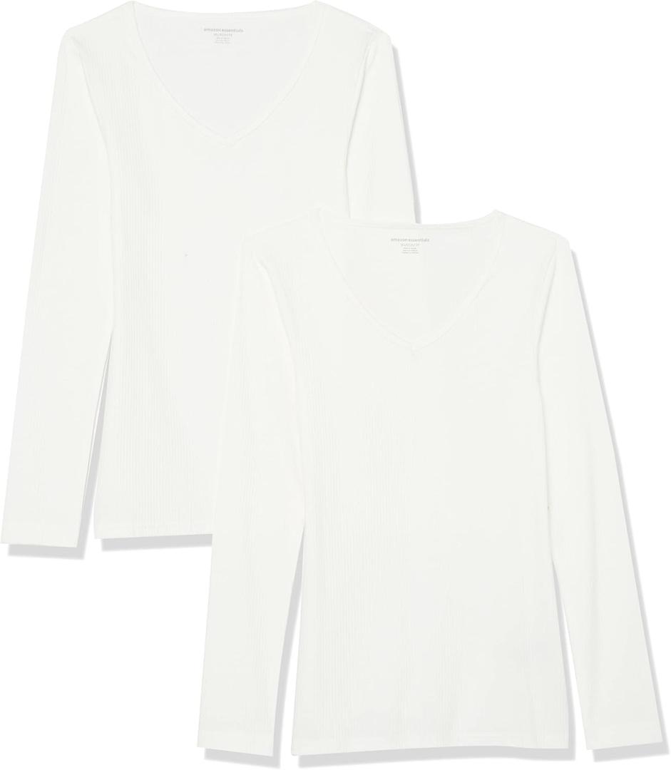 Amazon Essentials Womens Slim-Fit Layering Long Sleeve Knit Rib V-Neck Shirts (Small, White)