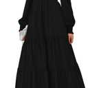 Black Long Sleeve Dress High Neck for Women Elegant Maxi A Line Long with Smocked Empire Waist Bohemian Flowy Tiered Design, Large