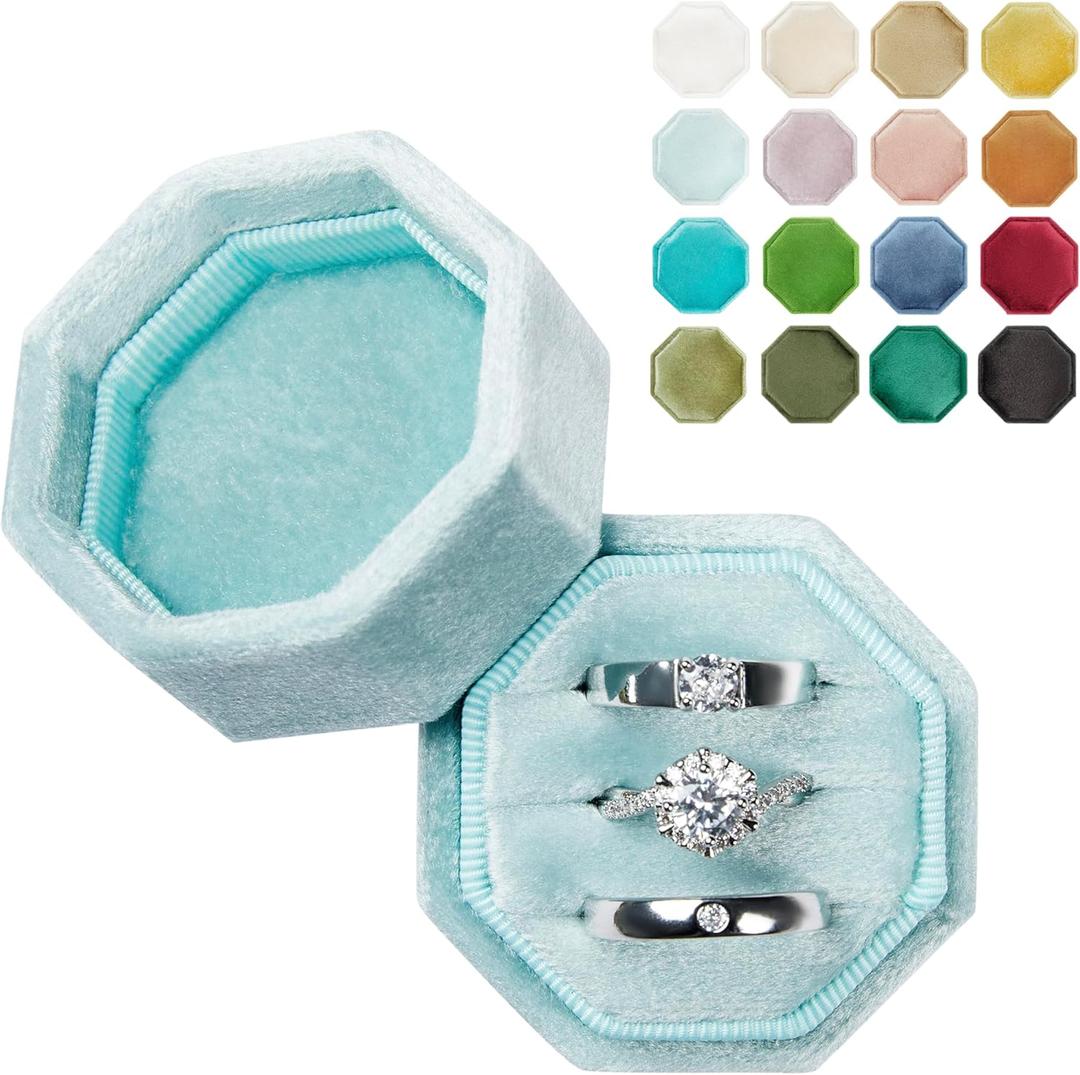 Proposal Ring Storage Box 3 Slots Vintage Velvet Ring Organizer with Detachable Lid Valentine's Day Ring Box (Baby Blue)