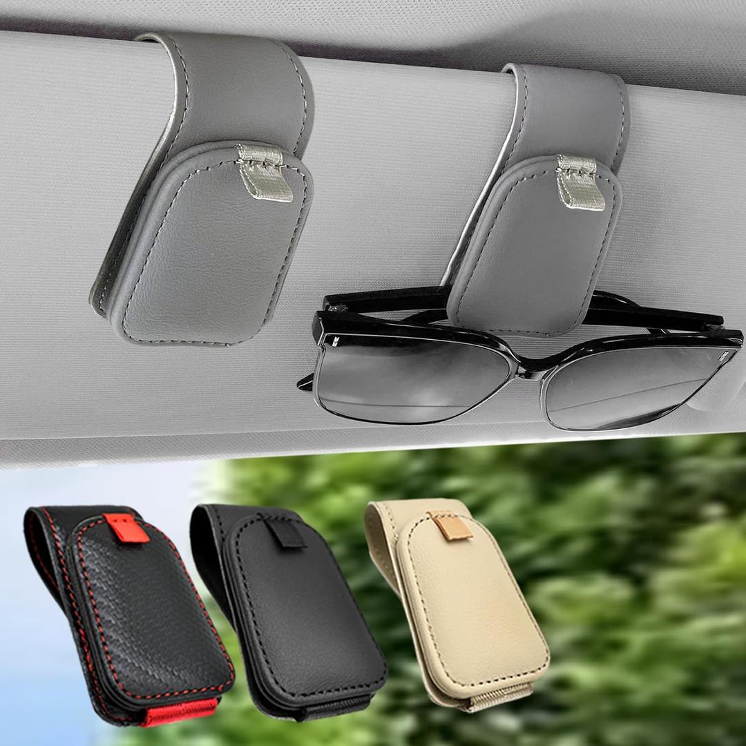 Sunglass Holder for Car, 2 Pack Car Sunglass Holder Visor Clip Magnetic Leather Sun Glasses Eyeglass Hanger, Gray, Fit for Different Size Eyeglasses