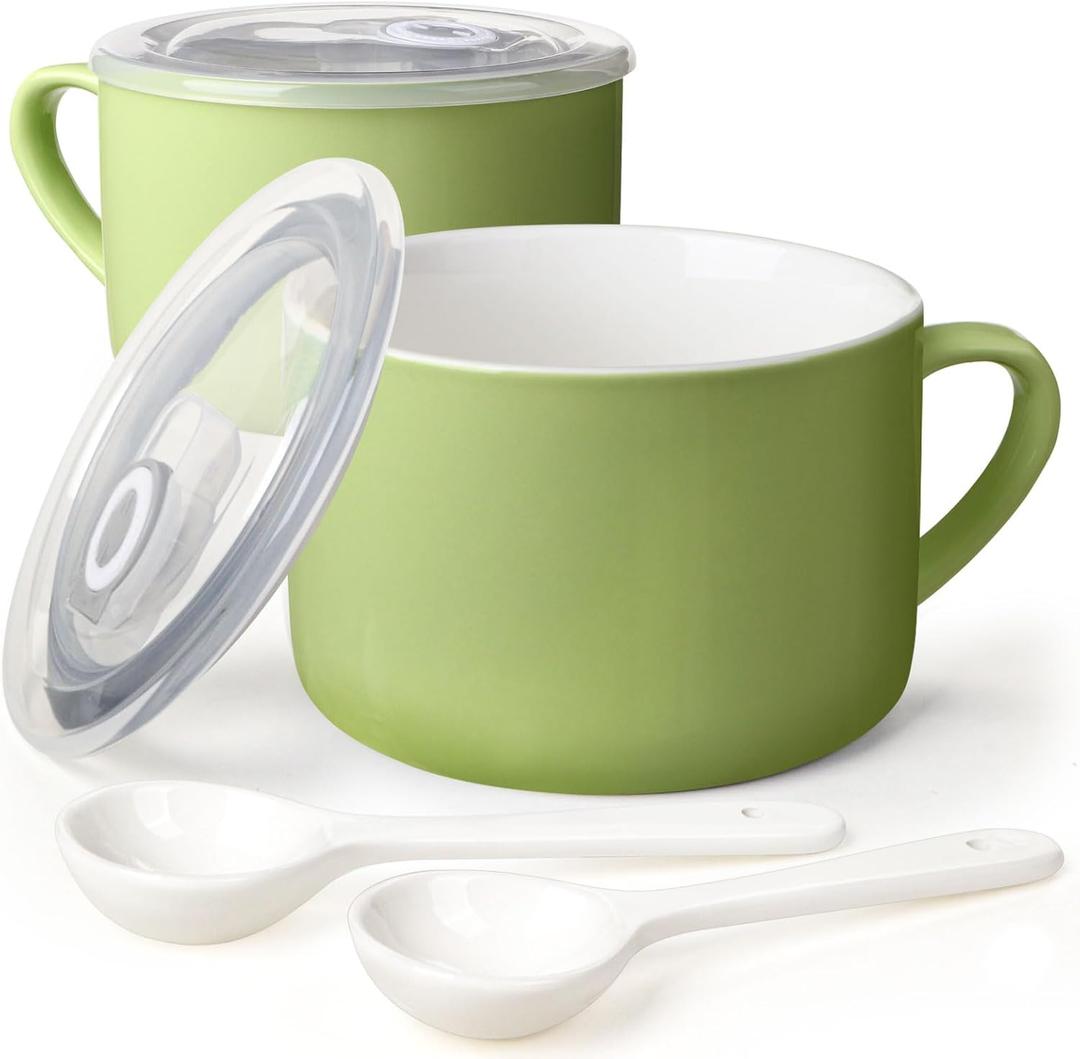 2 x Soup Bowls with Handles & Spoons, 30oz Ceramic Ramen Bowl with Lid, Large Soup Mugs/Cups for Instant Noodle, Big Cereal Bowls for Oatmeal, Soup Containers with Lids, Set of 2, Grass Green
