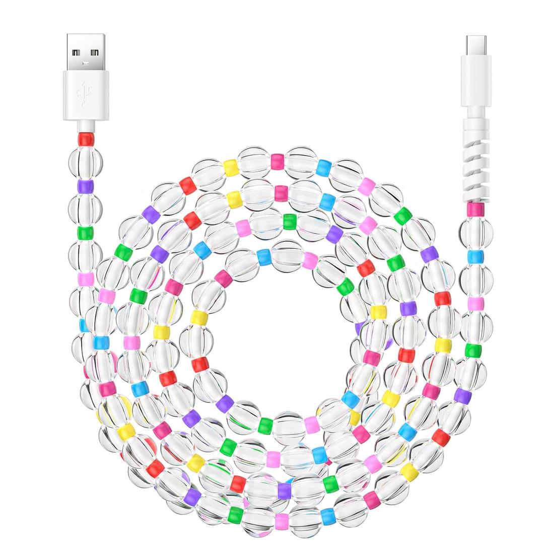 Aolcev USB C Cable 66W Fast USB A to USB C Charging Cable 6.6FT/2M Long Cute Beaded for iPhone Charger Pearl USB Type C Charger Cord for iPhone 16 Pro/16 Pro Max/16 Plus15 Pro Max Plus Transparent