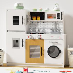 Babytronic Wooden Kitchen Playset for Kids, Interactive Play Kitchen with Lights & Sounds, Children Pretend Toy Kitchen Set with Faucet, Oven, Microwave, Kitchenware for Toddlers Ages 3+ (White), 31.5 x 9.8 x 32.9 inches