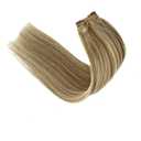 Clip in Hair Extensions Human Hair Light Blonde Mix Golden Blonde Highlights Real Human Hair Extension 12Inch 7pcs 70g Straight Silky Blonde Clip ins for Women