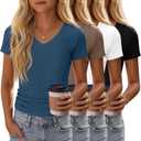 4 Pack Girls Short Sleeve Shirts Ribbed V Neck Tops Fitted Kids Soft Basic Tees Summer (White)
