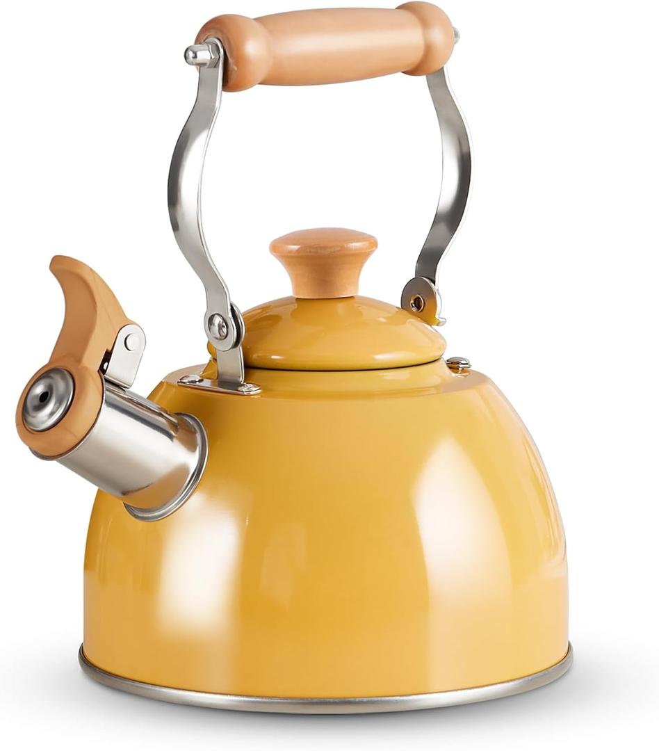 ROCKURWOK Tea Kettle, Tea Pot with Cool Touch Ergonomic Handle, Teapot Food Grade Stainless Steel, Tea Kettle Stovetop, Kettle Teapot, Whistling Tea Kettle, Small Tea Kettles, 1.6 Quart (Yellow)