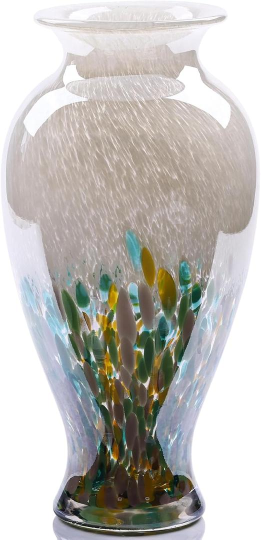 11.8" Tall Blown Green Glass Vase, Colorful Opaque Glass Vase, Unique Design Wide Mouth Art Decoration for Home, Living Room, Dining Table, Pampas Grass Decor (Green)