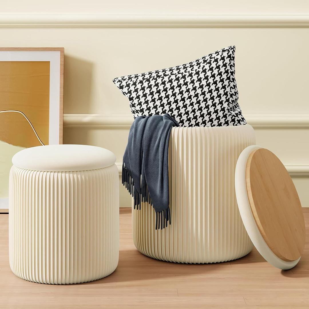 Beige Ottoman with Storage Set of 2, Upholstered Velvet Vanity Stool, Comfy Round Makeup Vanity Stools, Large Storage Ottoman Foot Rest, Pouf Seat for Living Room/Bedroom