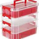 JUXYES 4-Tiers Stack Carry Storage Box With 2 Divided Tray, Transparent Stackable Storage Bin With Handle Lid Latching Storage Container for School & Office Supplies, Red