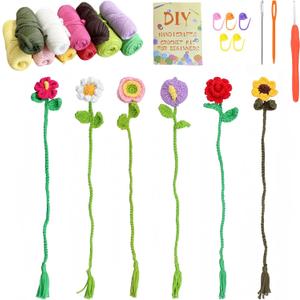 ASDIIT 6 Pcs Crochet Flower Bookmarks Kits for Beginners Amigurumi Crochet Starter Set Knitted Flowers Kit Mothers Day Valentines Christmas Gifts for Women - with Step-by-Step Video