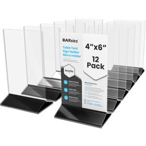BARsics 4x6 Sturdy Table Tent Menu Holder, Commercial 2-Sided Acrylic Sign Holder (12-Pack)